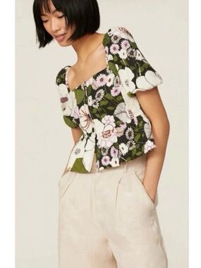 Maje Floral Puff-Sleeve Square-Neck Top in Olive Green
